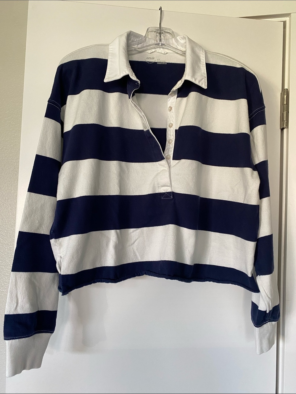 AEO American Eagle aerie Softest Oversized Striped Crop Rugby S Navy